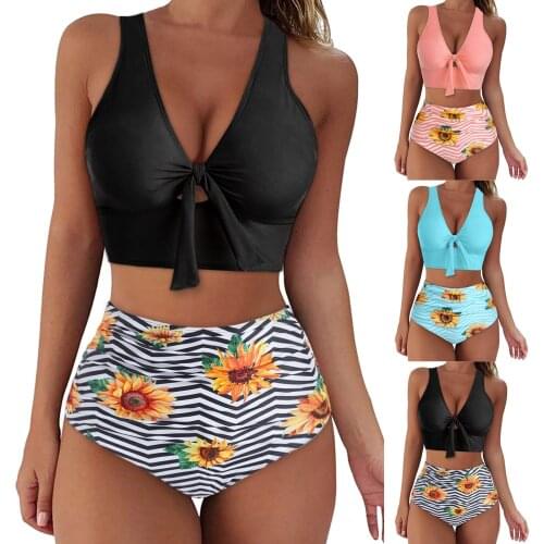 Women Swimwear Bandeau Padded Push Up Swimsuit High Waist Swim Bathing Suit Summer Beachwear Two Piece Tankini Sexy Bikinis 2021