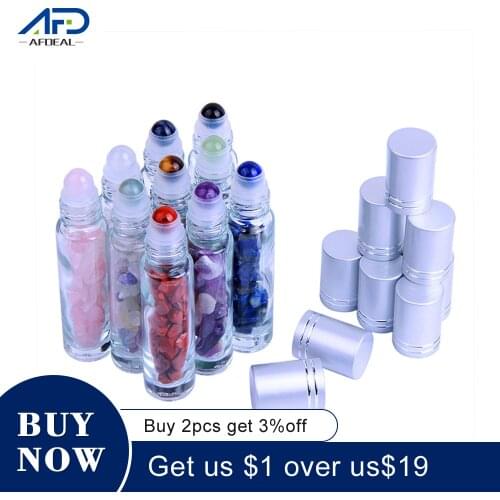 10pcs Natural Semi Gemstone Essential Oil Roller Ball Bottles Transparent Perfume Glass Bottles Healing Crystal Chips 10ml