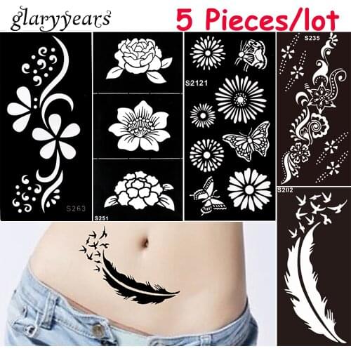 5 Pieces/lot Medium Henna Stencil DIY Paste Hollow Drawing Flower Lace Design Henna Body Art Paint Tattoo Stencil Christmas Gift