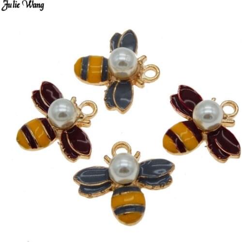 Julie Wang 8pcs Bee Charm Enamel Alloy With Imitation Pearl Pendant Women Bracelet DIY Gift Necklace Jewelry Accessory 18*20mm