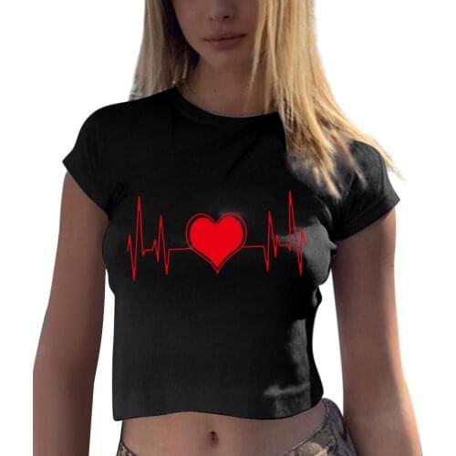 Short Sleeve Short T-shirt Womens Casual Heart O-Neck Tee T-shirt Tops Blusa Summer White Shirt Tees Clothes Cropped