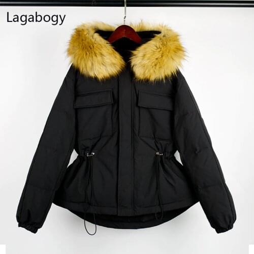 Lagabogy 2021 Large Faux Fur Collar Winter Women 90% White Duck Down Coat Hooded Warm Puffer Jacket Female Loose Waterproof Park