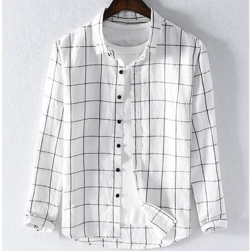 High quality 2019 Autumn Mens long sleeve linen shirts casual plaid lapel cotton mens shirts fashion mens clothing slim tops