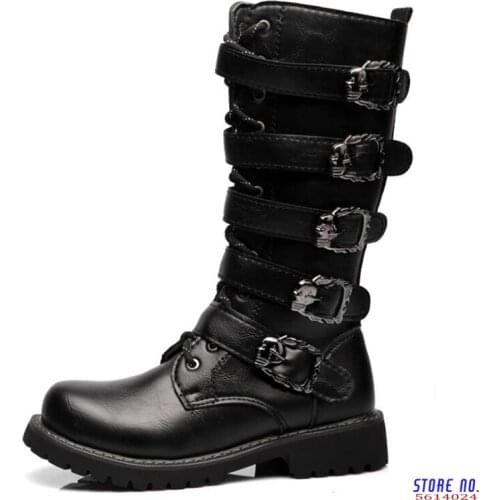 Winter Men Motorcycle Boots 2020 Fashion Mid-Calf Punk Rock Punk Shoes Mens PU Leather Black High top Casual Boot Man