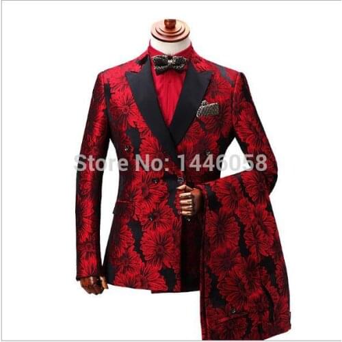 Costume Homme 2019 New Doublue Breasted Suit Men Terno Masculino Men Suits Tuxedo Prom Party Suits Floral Wedding Groom Suit