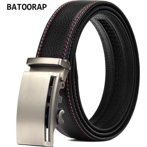 BATOORAP Mens Ratchet Belt High Quality First Layer Cowhide Metal Automatic Buckle Casual Black Cowskin Leather Trouser Strap