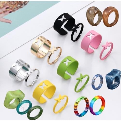 2PCS Butterfly Rings Set for Women Men Acrylic Lover Couple Friendship Rings Set Engagement Wedding Open Rings 2021 Jewelry Gift