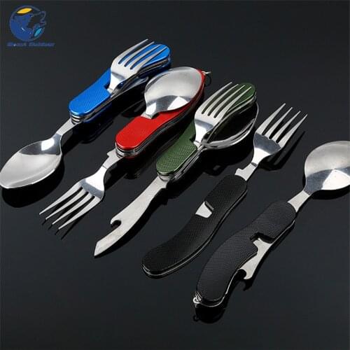 4 in 1 outdoor tableware (fork / spoon / knife /) camping stainless steel folding pocket kit for hiking survival trip