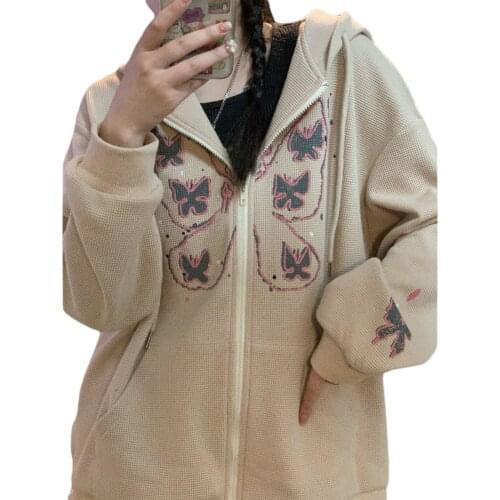 2021 New Womens Butterfly Print Hoodies Long Sleeve Zip Up Loose Sweatshirts with Pockets