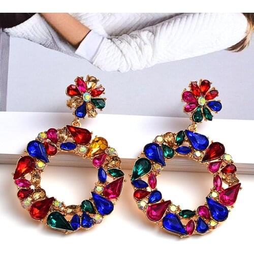 New Design Long Round Metal Colorful Crystal Drop Earrings High-Quality Rhinestones Jewelry Accessories For Women Wholesale