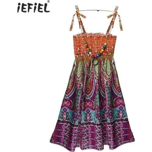 3-12 Years Kids Summer Princess Dress For Girls Bohemian Dresses Children Floral Sleeveless Party Beach Dress With Necklace