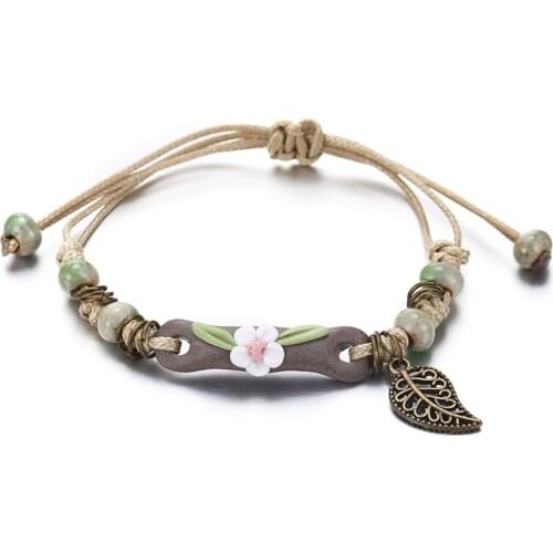 Qianraq Handmade Ceramic Flower Bracelets For Women Girls Gift Retro Leaf Beads Drop Weave Rope Charm Bracelet Jewelry Gift