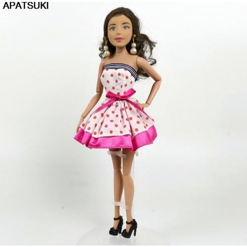 Pink Polka Off Shoulder Short Dresses for Barbie Doll Outfits Casual Daily Wear Clothes for 1/6 Dolls DIY BJD Toy for Children