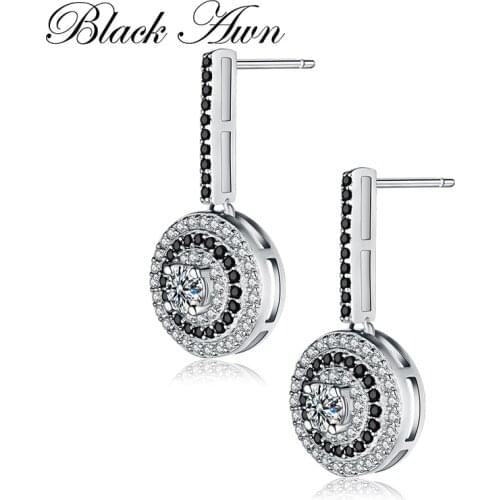 New 925 Sterling Silver Classic Genuine Fine Jewelry Wedding Round Stud Earrings for Women Black&White Female Bijoux T005