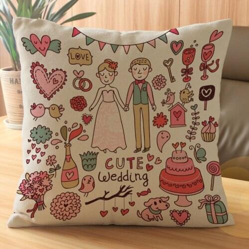 Cute Cartoon Couples Cushion Cotton Linen Happy Life Pillowcase Valentines Day Love Decorative Bedroom Sofa Gift Cushion