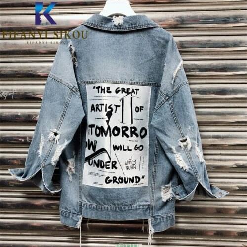 2020 Spring Women Streetwear Denim Jacket Pocket Long Sleeve Print Jeans Jacket Female Loose Ripped Jeans Coat Harajuku Jackets