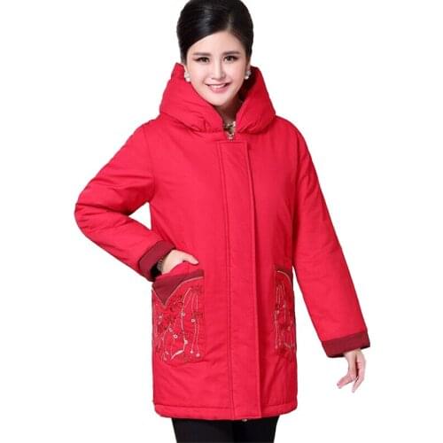 Middle aged Female Cotton Jacket Winter Parkas Women Plus size XL-7XL Embroidery Hooded Thicken Long Cotton-padded jacket G614