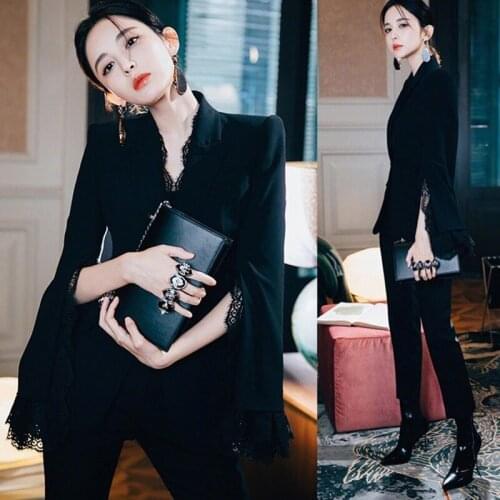 Autumn Women 2 Piece Set Business Black Patchwork Lace Single Button Notched Collar blazer Coat + OL trousers Suits