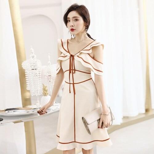 YIGELILA Women Summer Ruffles Dress Fashion Cute V-neck Off Shoulder Empire Slim A-line Dress 63969