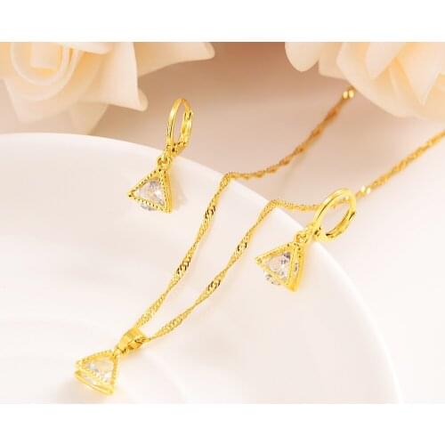 Gold cz triangle Jewelry Set Women Charms Jewelry Girls white crystal stone pendant necklace earrings wedding bridal party gifts