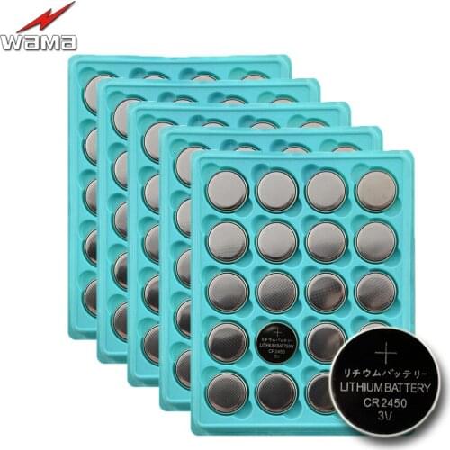 100pcs/lot Wama CR2450 3V Button Cell Batteries DL2450 BR2450 Lithium Car Remote Coin Battery Drop Shipping New Wholesales