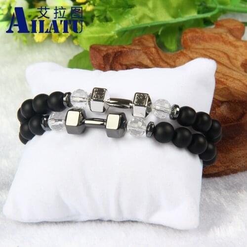 Ailatu 8mm Matte Glass Beads Fitness GYM Dumbbell Bracelet for Man and Wowan Barbell Jewelry