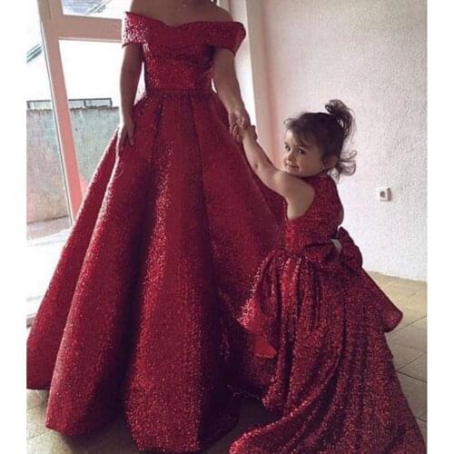 Sparkly Bling Bling Sequin Mother Daughter Princess Ball Gowns Red Sequin Mom Girls Birthday Celebration Red Dress For Photos