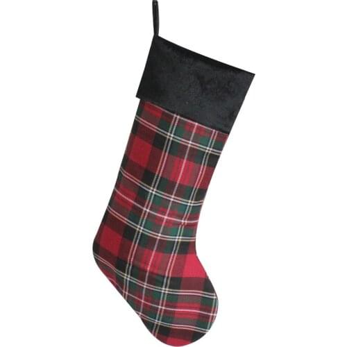 Free Shipping Plaid Check Body Christmas Stocking With Black Velvet Cuff Christmas Sock P4683