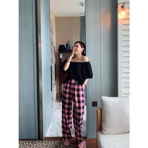 Peach Plaid wide leg pants womens summer loose Korean slim casual pants