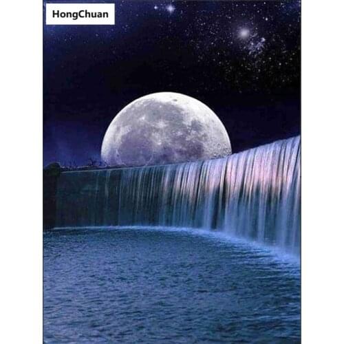Fast delivery waterfall moon high end 5D DIY square/round diamond painting mosaic diamond cross stitch home decoration art gift