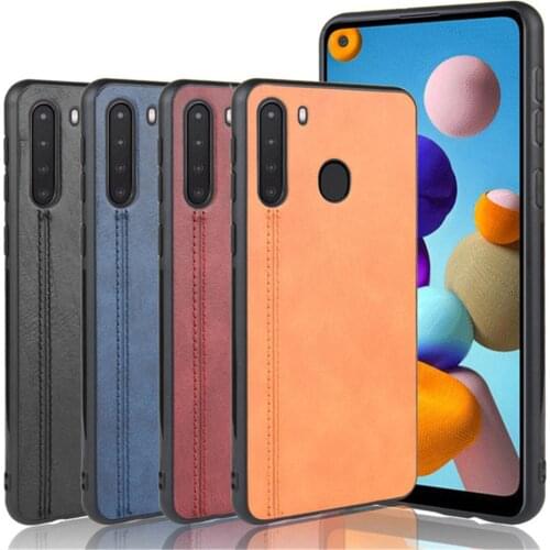 For Samsung Galaxy A21 Case Luxury Calfskin PU Leather lines Hard Back Cover Case For Samsung A11 A 21 A 11 Full Phone Case