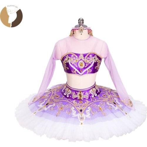 FLTOTURE Custom Made Ballet Tutu Two-Piece Lilac Pancake Skirt Ballerina Professional Stage Costume Tuts Ballet Variations Wear