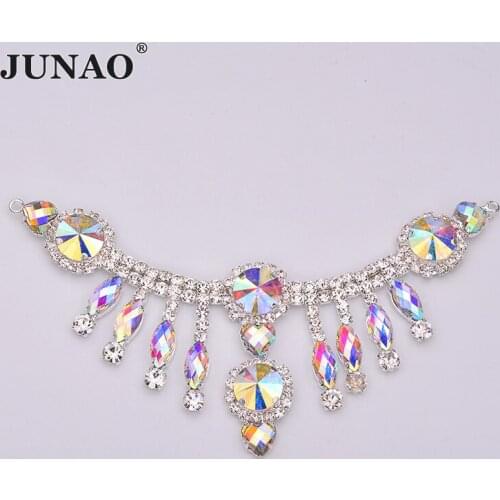 JUNAO 155*60mm Sewing Silver AB Glass Rhinestone Fringe Chain Claw Trim Charm Crystal Applique Connector Craft for Garment