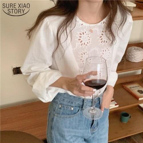 Korean Hollow White Shirts Women Long Sleeve Sexy Sweet Wild Women Tops and Blouse Vintage Summer Shirt Blusas Mujer 14039