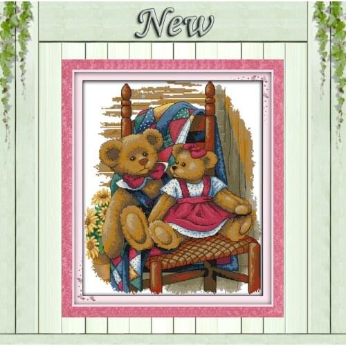 Lovely Two teddy bears,pattern print on canvas DMC 11CT 14CT Cross Stitch kits,needlework embroider Sets,animal style Home Decor