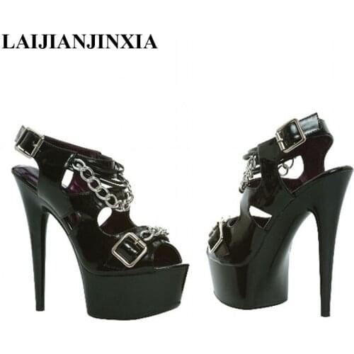 LAIJIANJINXIA New Open Toe 15CM High Heels Sandals Luxury Shoes Women Designers Summer Shoes Ankle Strap Chain Ladies Sandals