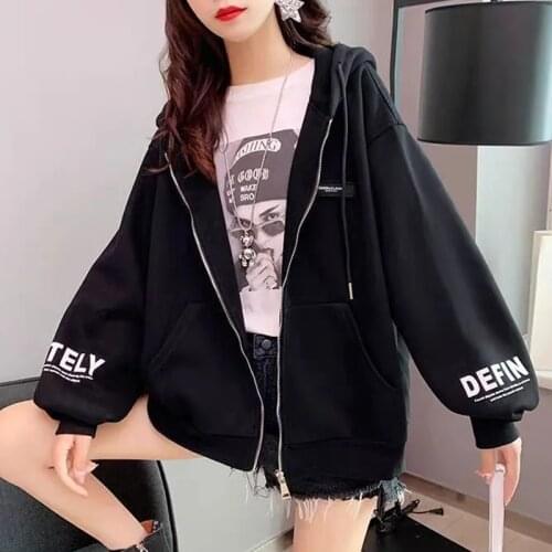 Zoki Fashion Autumn Hoodies Women Loose Casual Sweatshirt Letter Black Outwear Print Street Wear Clothes for Teens Fashion 2021