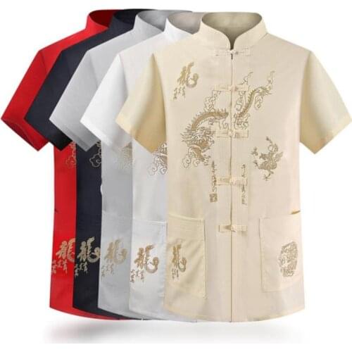 Mens embroidery Chinese Style Button Casual Shirt Silk short sleeve Stand Collar Hot
