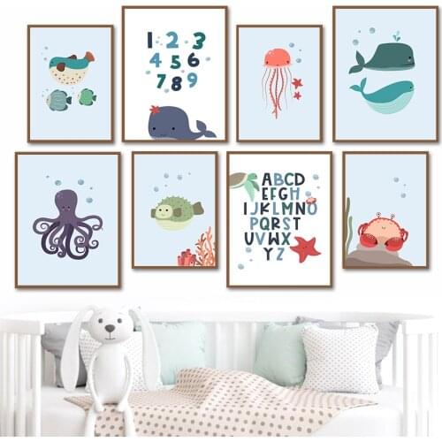 Octopus Whale Underwater Animal Alphabet Number Wall Art Canvas Painting Nordic Posters And Prints Wall Pictures Kids Room Decor