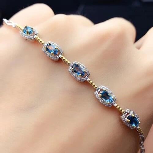 Natural blue topaz gem Bracelet Natural gemstone Bracelet 925 silver bracelet Fashion Lock chain women party gift Jewelery