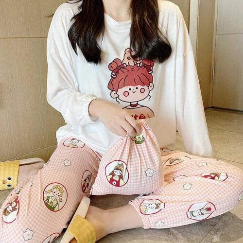2021 Spring and Autumn New Korean Bags Pajamas Women Love Cartoon Long-sleeved Trousers Home Suit tracksuit Wholesale Trade
