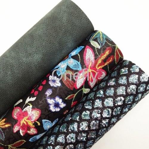 Onefly 21X29CM Green Mermaid Glitter Leather, Flowers printed Faux Leather,Glitter Suede For Bow DIY handbags shoes DQ043