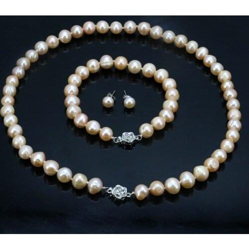 Flower button pink pearl necklace set 8-9mm necklace 18" bracelet 7.5" earrings women fashion suitable for gathering place