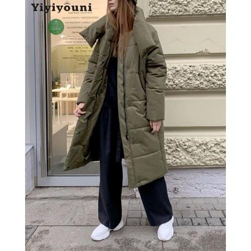 Yiyiyouni Oversized Long Thick Padded Parkas Women Wide-Waisted Cotton Liner Winter Jackets Female Loose Green Coat Outerwear