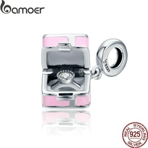 BAMOER 100% 925 Sterling Silver Romantic Pink Box Marry Me Surprise Charm Pendant fit Women Bracelet DIY Jewelry Making SCC549