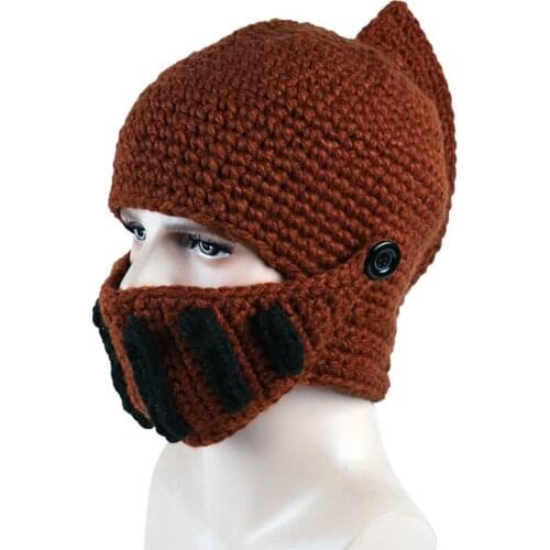 Unisex Autumn Crochet Knitted Roman Knight Helmet Beanie Hat Solid Color Barbarian Earflap Skullies Cap with Removable Gladiator