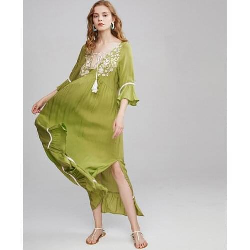 TEELYNN green tunic dresses women vestidos vintage floral embroidery v neck flare sleeve tassel summer dress beach maxi dresses