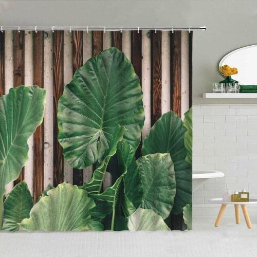 Tropical Plant Banana Leaf Shower Curtain Wood Board Stripe Backdrop Bathroom Decor Bath Screen Waterproof Fabric Curtains Set