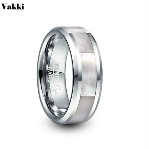 VAKKI 8mm Wide Steel Color Tungsten Carbide Ring Mens Wedding Ring Inlay White Fritillary Tungsten Steel Ring Men Party Jewelry