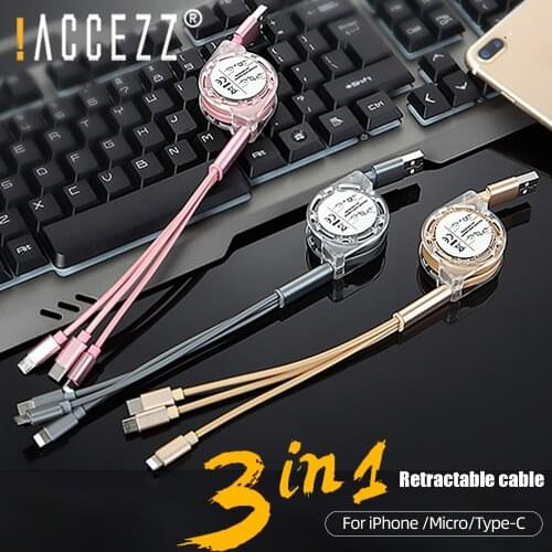 !ACCEZZ 3 in 1 Retractable Cable For iPhone X XS 11 Fast Charging Charger Micro USB Type C Cable Cord Android For Samsung Huawei
